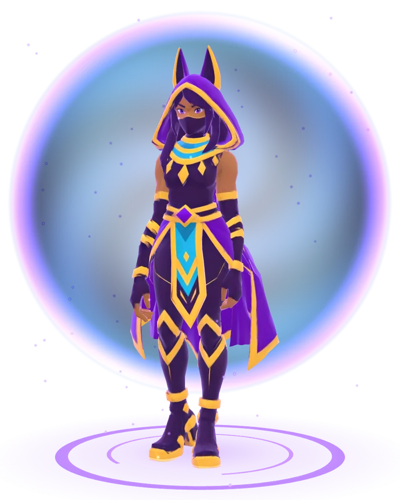 Sombra, el modelo del juego: cazadora con capucha violeta de orejas de chacal, máscara y capa